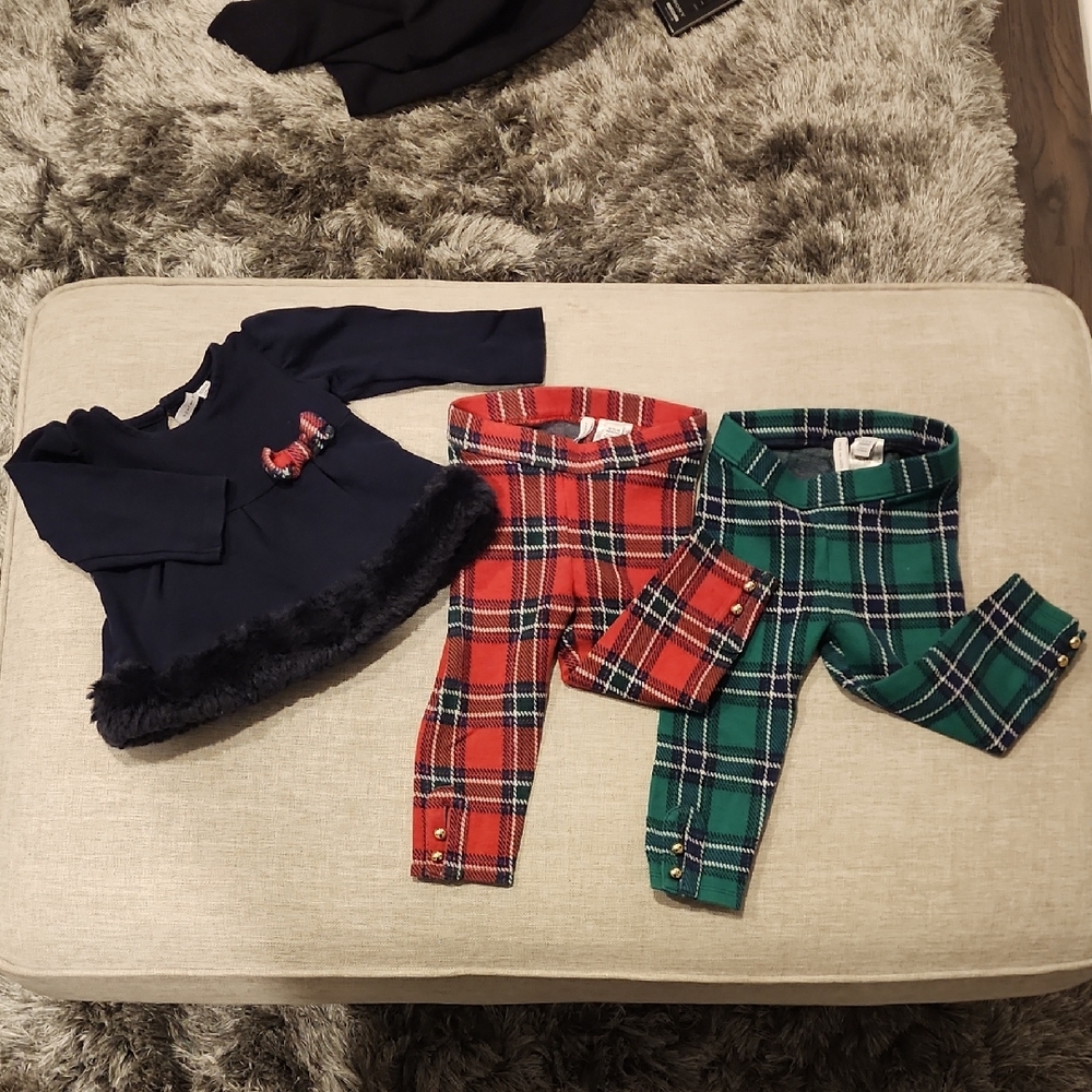 Plaid Button Cuff Jacquard Pants and Navy Top Set